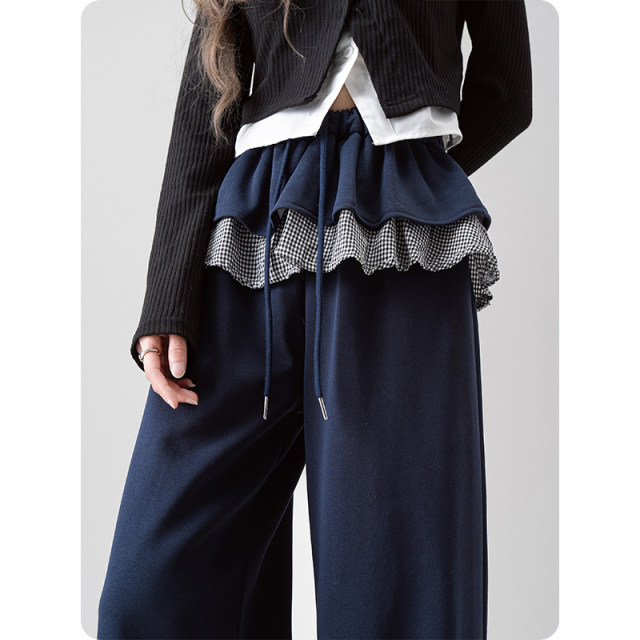 ໂສ້ງເສື້ອຍືດແຂນຂາຍາວ plaid lace ສີຟ້າຂອງແມ່ຍິງ
