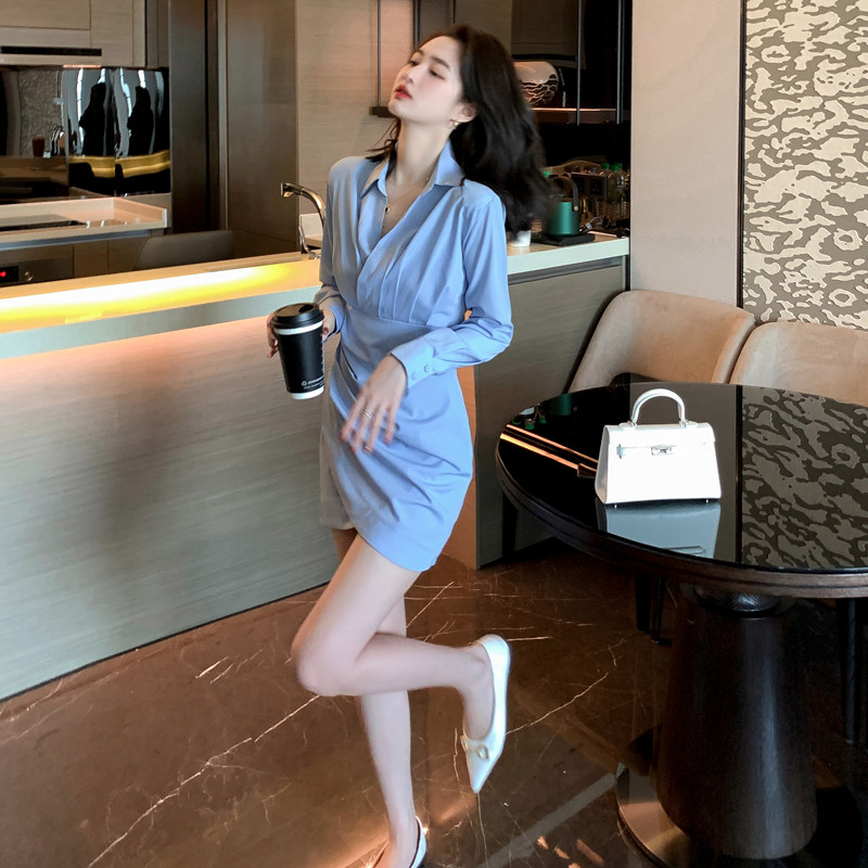 蓝色长袖连衣裙女秋装2023新款衬衫 nurtureone妮茨维旗舰连衣裙