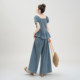 ຊຸດໂສ້ງຂາກວ້າງ denim ແຂນເສື້ອສີຟ້າ