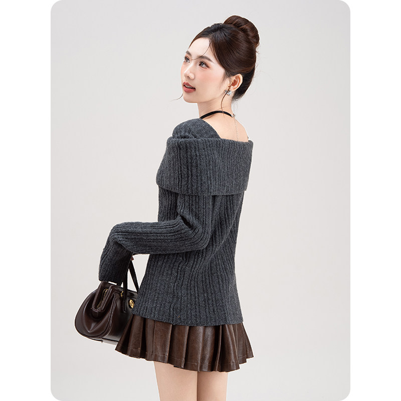 法式纯欲风一字肩针织衫毛衣女2026春秋新款单排扣修身打底衫上衣,淘宝优惠券,粉丝福利购,淘宝优惠卷