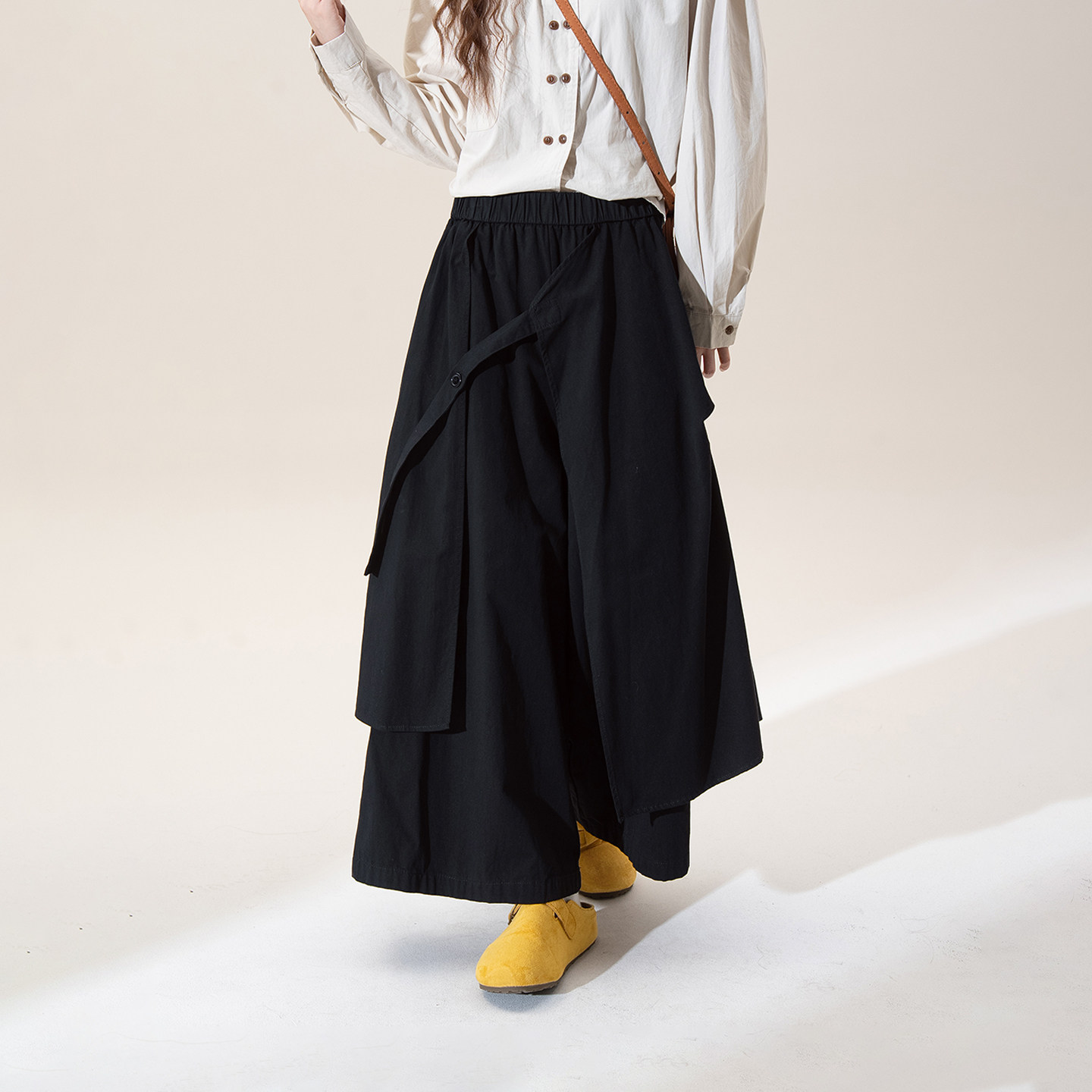 黑色山本风垂感裙裤女春季新款不规则拼接设计感九分阔腿休闲裤子,淘宝优惠券,粉丝福利购,淘宝优惠卷