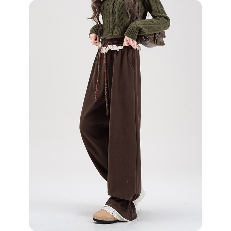 咖色蕾丝拼接荷叶边喇叭卫裤女春秋加绒松紧腰抽绳阔腿休闲长裤子,淘宝优惠券,粉丝福利购,淘宝优惠卷