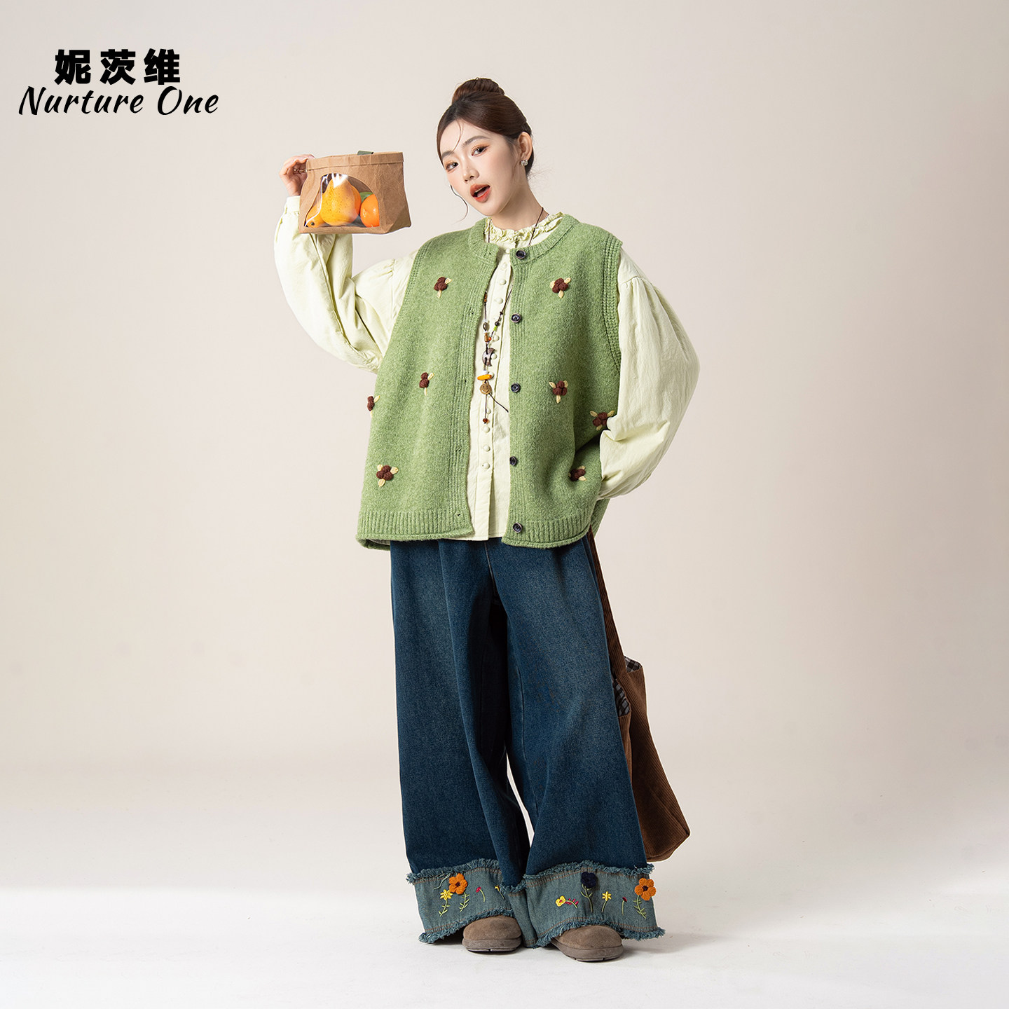 抹茶绿色立体花针织马甲女春季新款圆领宽松叠穿开衫无袖背心上衣,淘宝优惠券,粉丝福利购,淘宝优惠卷