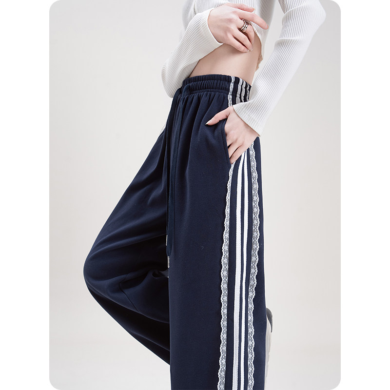 深蓝色两侧条纹蕾丝拼接加绒休闲卫裤女冬季新款宽松显瘦阔腿裤子,淘宝优惠券,粉丝福利购,淘宝优惠卷