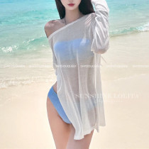 Bikini knit hood Shirt open fork Shoulder Round Neckline Perspective T seaside sunscreen Long sleeves Blue Swimsuit Holiday