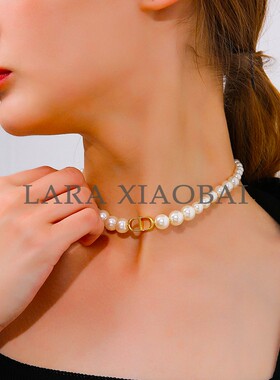 欧美复古CD珍珠项链女轻奢小众高端级设计感拼接时尚款正圆锁骨颈