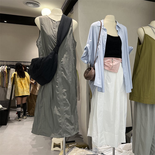 FN2024夏季新款圆领宽松拉链背心裙女休闲抽绳连体长裙连衣裙1151 - 图2