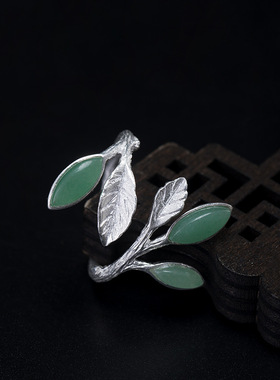 复古风树叶子纯银手工饰品戒指环
