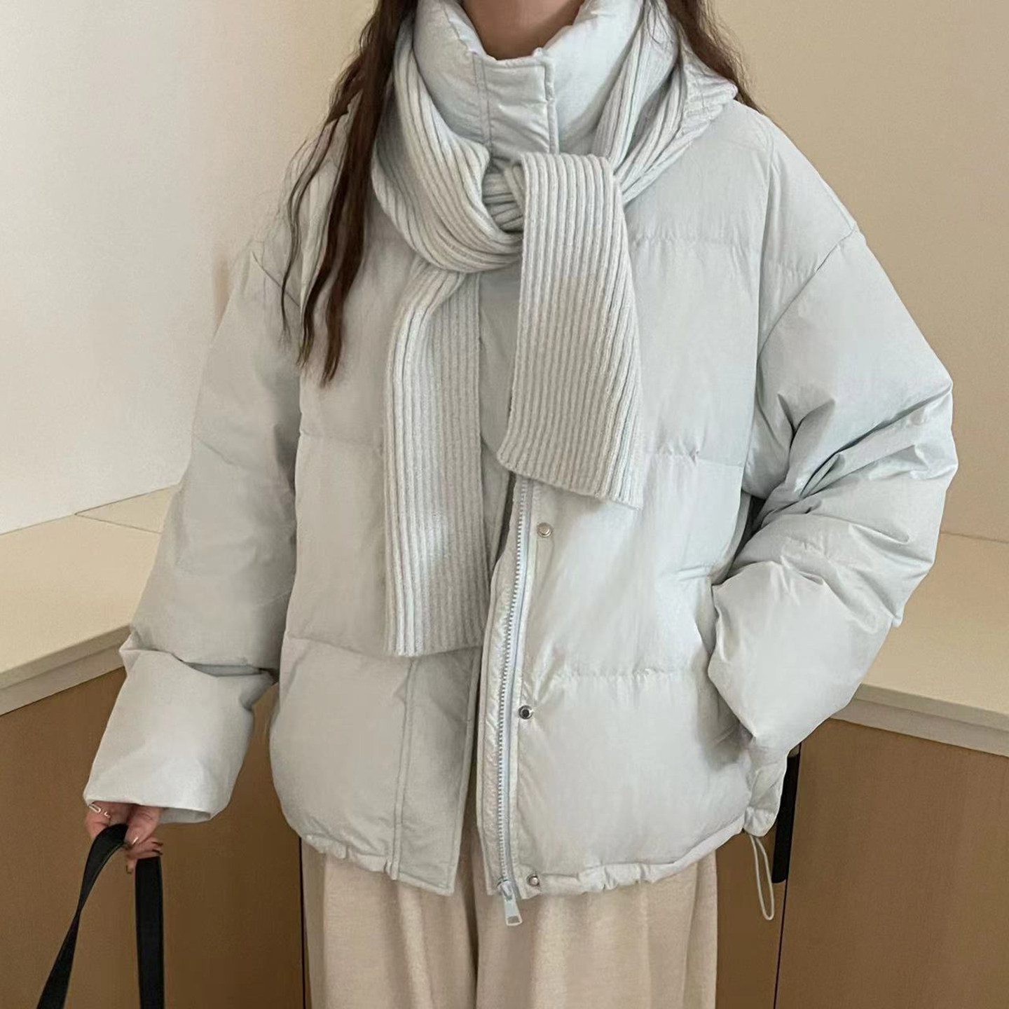 晴雨雪围巾短款羽绒服女立领针织帽韩版时尚披肩小个子白鸭绒外套,淘宝优惠券,粉丝福利购,淘宝优惠卷