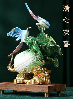 摆件喜得百财喜鹊白菜黄铜客