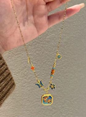 纯铜镀金珐琅彩蝴蝶项链轻奢小众高级感精致古风毛衣链女生日礼物