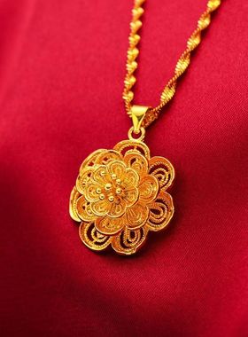 999真金项链24K牡丹花吊坠不掉色