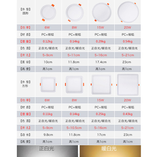 led筒灯天花灯嵌入式客厅6W8W可调节开孔灯15W20W超薄方形面板 - 图2