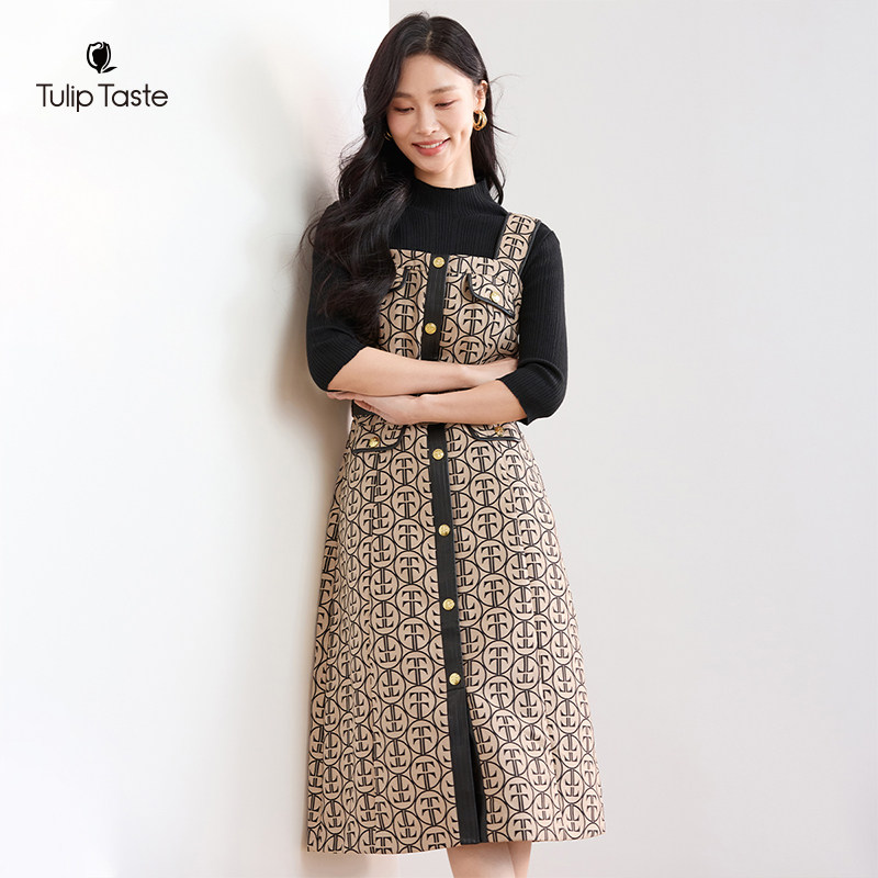 郁香菲印花背带裙女气质通勤秋季时尚撞色皮边拼接显瘦无袖A字裙,淘宝优惠券,粉丝福利购,淘宝优惠卷