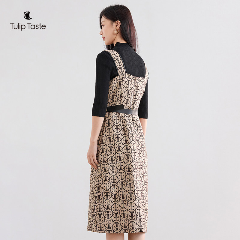 郁香菲印花背带裙女气质通勤秋季时尚撞色皮边拼接显瘦无袖A字裙,淘宝优惠券,粉丝福利购,淘宝优惠卷