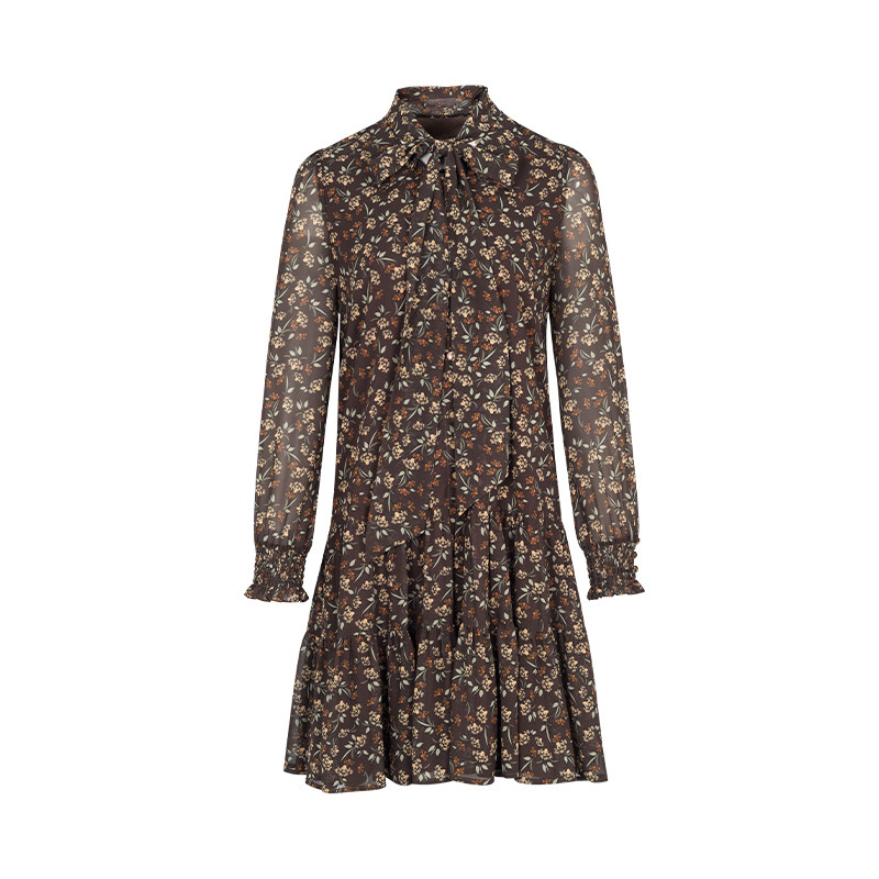 郁香菲碎花连衣裙女气质优雅秋季时尚飘带领印花雪纺裙A字中长裙,淘宝优惠券,粉丝福利购,淘宝优惠卷