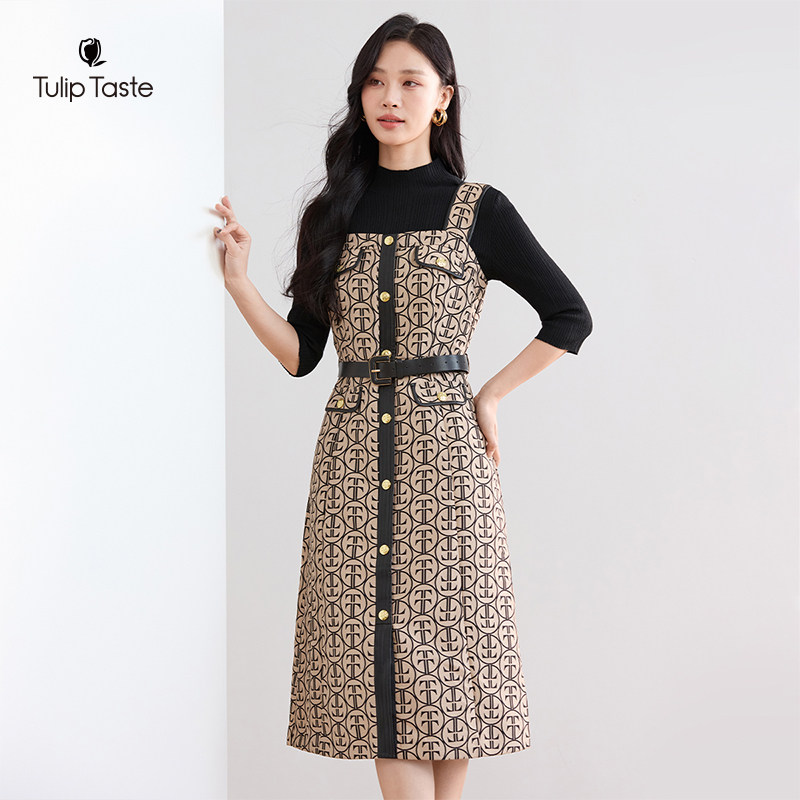 郁香菲印花背带裙女气质通勤秋季时尚撞色皮边拼接显瘦无袖A字裙,淘宝优惠券,粉丝福利购,淘宝优惠卷