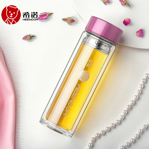 希诺双层抗菌玻璃杯女士水杯便携简约可爱带茶隔隔热花茶杯定制 - 图0