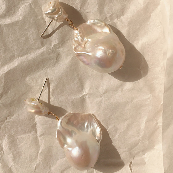 Sterling silver earrings, oversized special-shaped natural fish tail rock pearl earrings, sweet earrings with a high-end feel