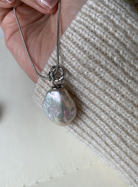 轻奢 糖纸光极光炫彩 超大天然巴洛克珍珠项链吊坠  极少 纯银