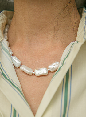 极光炫彩 异形天然淡水巴洛克珍珠项链 不规则 纯银OT扣 40cm