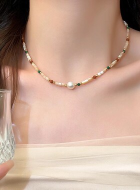 白鹿同款珍珠串珠项链女2026新款彩色颈链高级感小众锁骨链配饰品