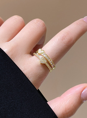 金色双层几何锆石爱心开口戒指女轻奢高级感指环气质小众设计首饰