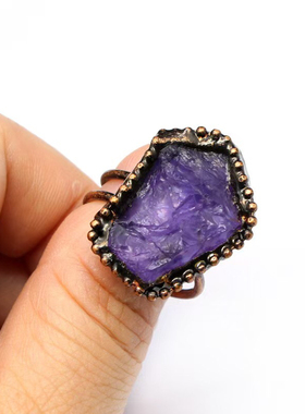 复古风天然晶洞玛瑙纯手工烧焊电镀古铜色开口可调节女士戒指