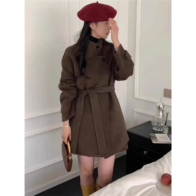 Gray mid-length double-sided wool coat for women with stand-up collar and waist 2025 autumn and winter popular woolen coat thick