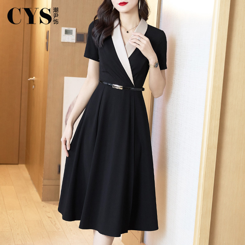 黑色西装赫本风连衣裙夏季小黑裙子 潮尹饰连衣裙