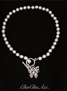 超仙镶钻珍珠简约蝴蝶锁骨链女ins嘻哈小众轻奢2021年新品潮项链