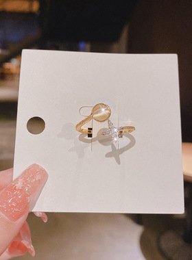 真金电镀铜镶锆石韩国星星猫石戒指女设计感简约开口