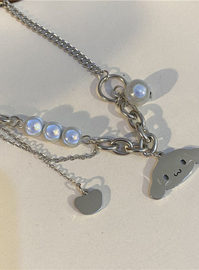 ins小众设计可爱大耳玉桂狗项链钛钢多层拼接反光珠吊坠锁骨链女