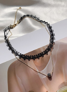 韩国时髦精蕾丝小花choker颈链复古双层项链女新品潮锁骨链项圈女