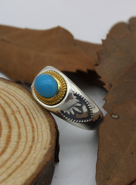 纯银镶嵌绿松石做旧男士戒指