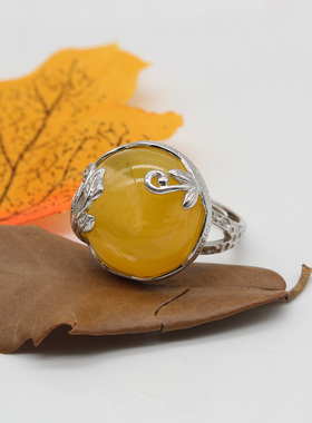 纯银包边蜜蜡正圆戒指空托