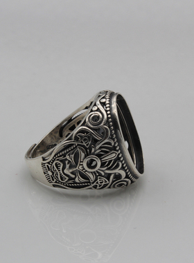 纯银人面网底复古做旧风戒指托