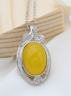 纯银琥珀钥匙豪华风圆形吊坠空托