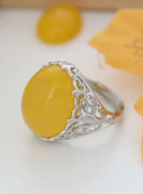 925纯银戒指空托雪之心镶嵌蜜蜡