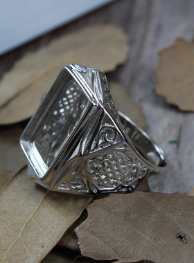 纯银祥云纹长方形戒指空托