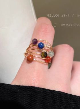 复古彩色碧玺星球戒指女轻奢小众设计感食指戒精致独特高级感指环