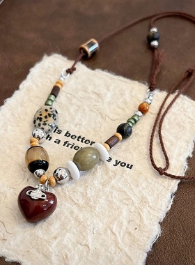 新中式长款陶瓷串珠爱心项链女美拉德秋冬高级感毛衣链小众配饰品