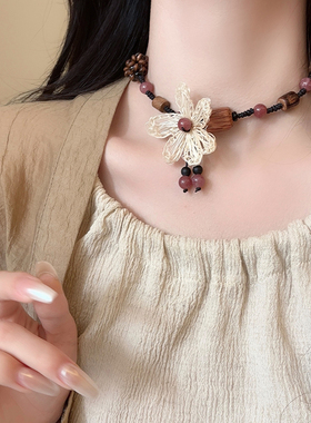 新中式菩提花朵项链女款民族风复古木质长款挂脖配饰高级感毛衣链