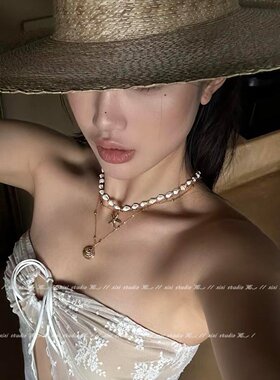 落日岛屿海星贝壳叠戴项链女海边旅游拍照锁骨链度假风高级感配饰