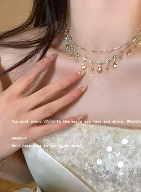 度假风蓝色锆石贝壳双层项链女轻奢小众高级感锁骨链精致手链手串