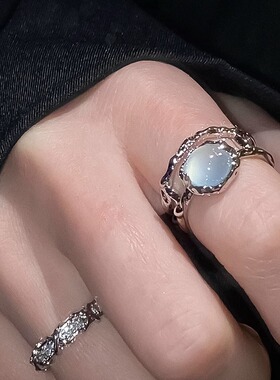 两件套冷淡风ins月光石镶钻开口戒指女潮小众设计素圈食指戒指环