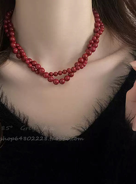 磁吸扣复古红色串珠珍珠项链女复古高级感秋冬毛衣链配饰小众颈链