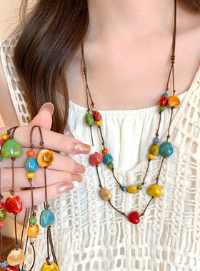 彩虹糖果~陶瓷爱心项链女多巴胺叠戴民族风长款配饰新中式毛衣链