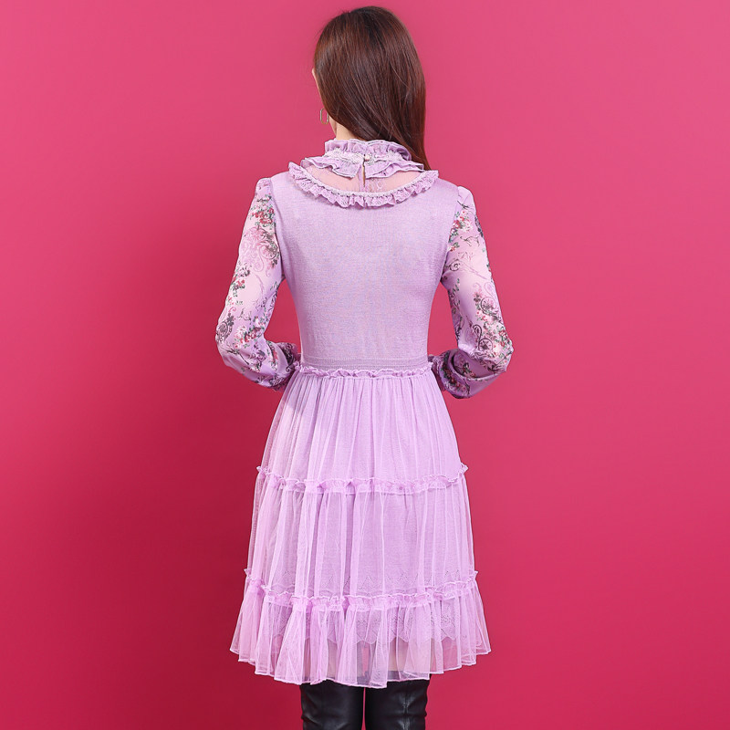 粉红玛丽连衣裙针织裙子修身中腰女士春夏蕾丝毛衣裙大码绣花立领