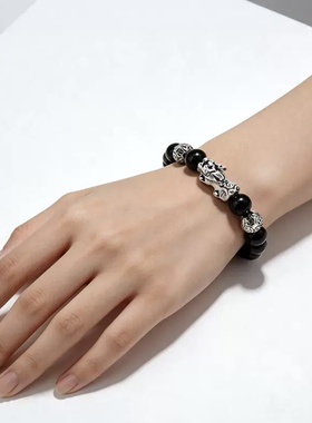 999足银貔貅黑曜石男士手链